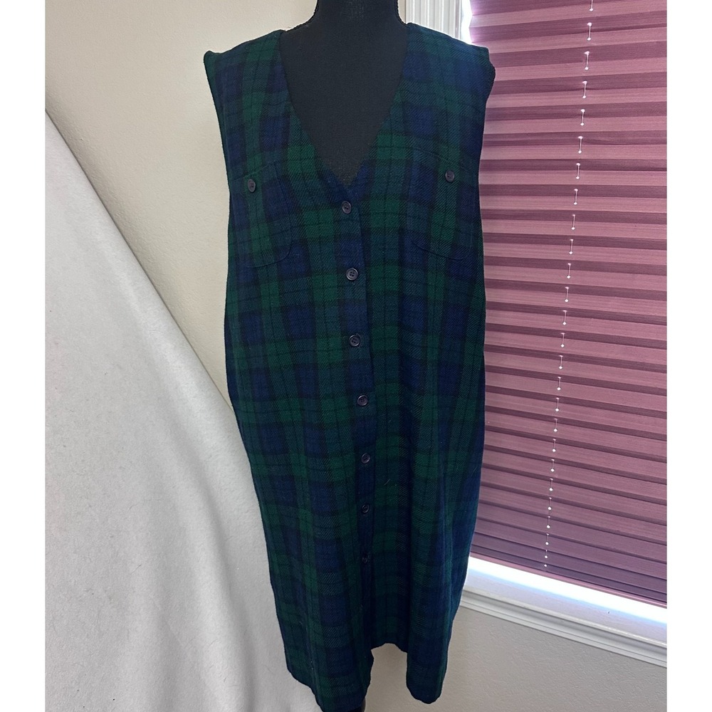 Joan Leslie Vintage Wool Plaid Vest Dress Green Blue‎ Black Watch Tartan Size 12